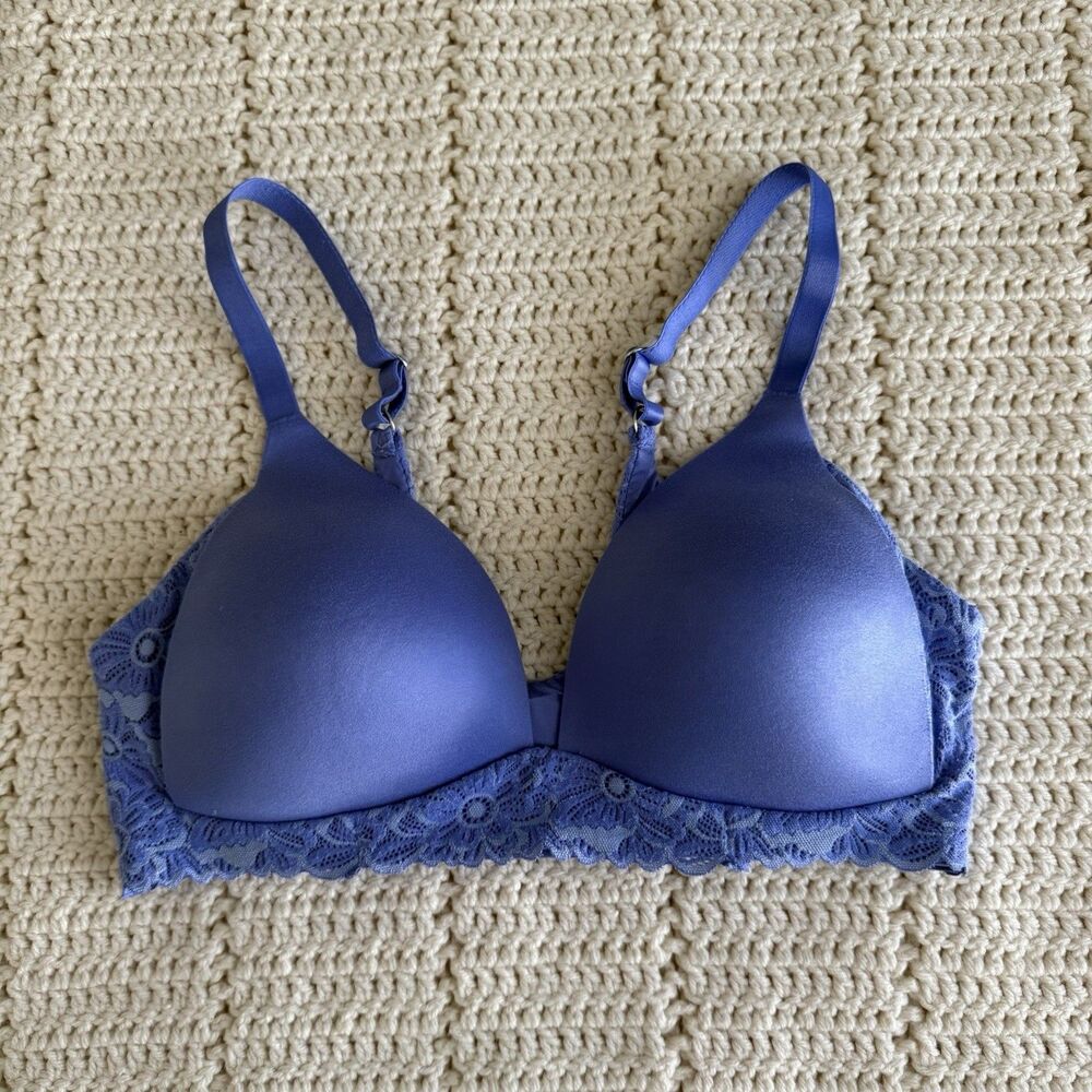 Aerie Real Sunnie Wireless Bra 34C Blue Lace Trim Lightly Lined Adjustable Strap